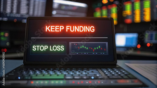 Keep funding button glowing while stop loss is displayed on laptop screen in trading environment, conveying urgency and financial strategy