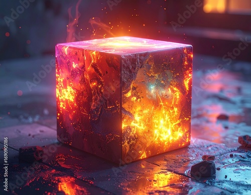 Mysterious glowing cube pulsating with fiery energy, a cosmic enigma radiating intense heat and light