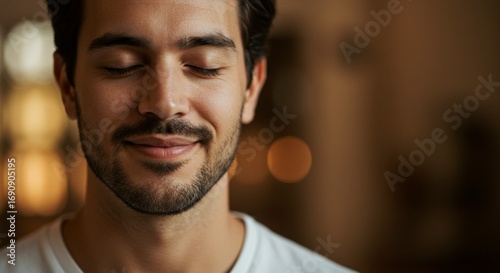 A serene portrait of a handsome man finding inner peace, smiling with eyes closed in a moment of quiet contemplation and mindful relaxation