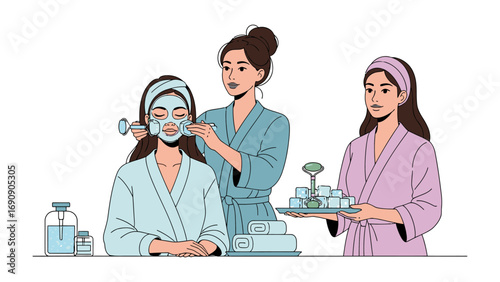Skincare routine with facial mask application and beauty treatment in a spa setting with women in robes and headbands