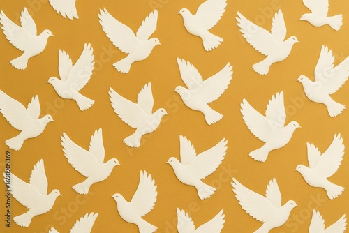 White doves flying in pattern on golden background symbolizing peace and culture in light creative style. Ai generative