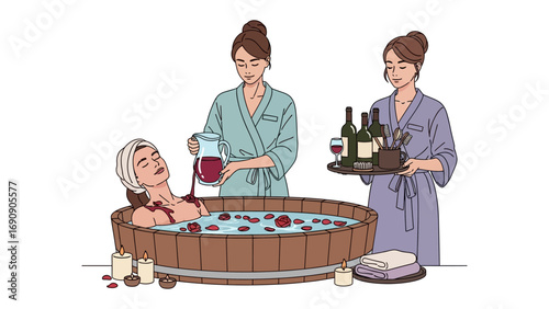 Two smiling women in robes serve a woman relaxing in a wooden hot tub with wine and snacks promoting spa day pampering and relaxation