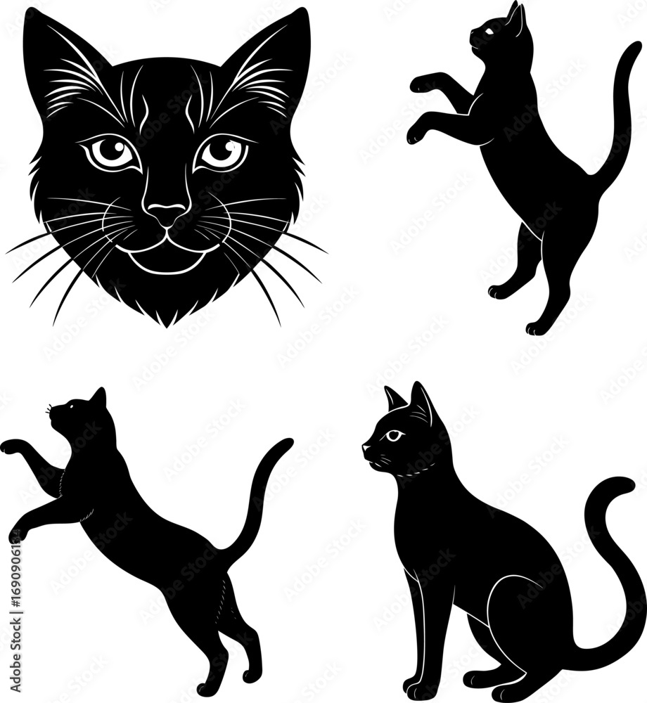 Obraz premium Cat silhouette vector, Black silhouette of cat vector bundle logo illustration set, cat head art, cat vector illustration