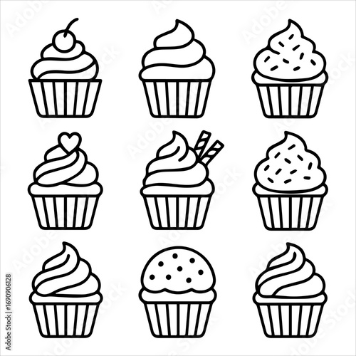 Outlined Cupcakes with Various Toppings Simple Designs for Baking and Desserts.