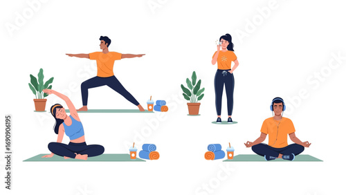 Diverse group of people practicing yoga and meditation in a bright airy space with plants and yoga mats