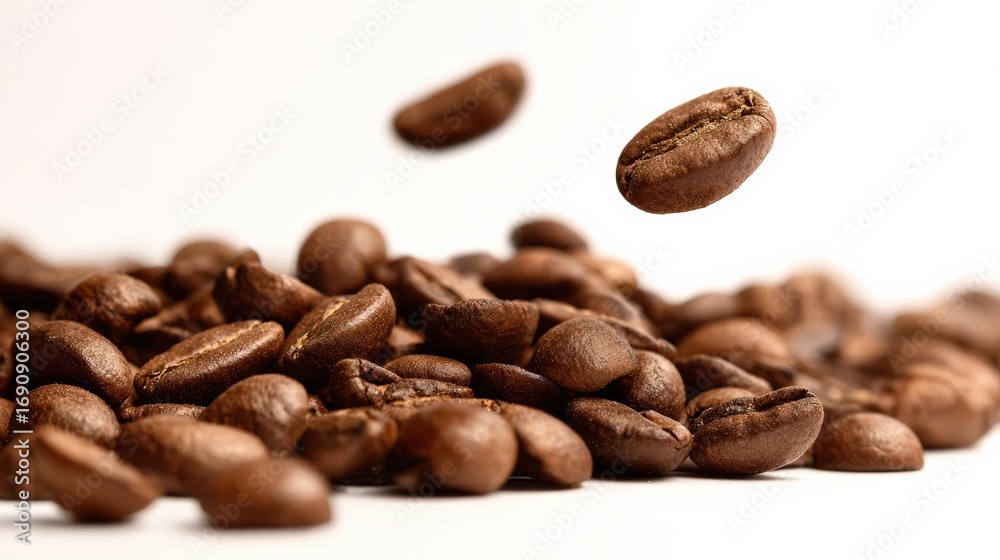 Naklejka premium Floating coffee beans isolated on white background highlighting rich texture and flavor