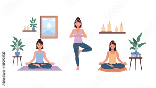 Three diverse women practicing yoga and meditation in a serene home environment with plants and calming decor
