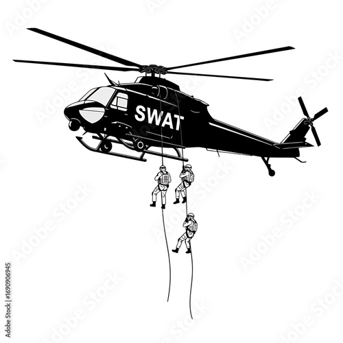 SWAT Team Rappelling From Helicopter