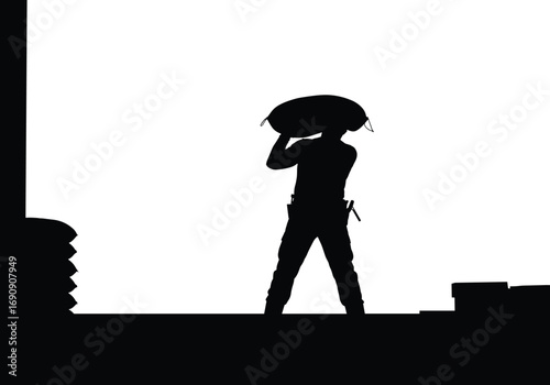 Construction worker silhouette carrying cement bag on shoulder, full black illustration, labor man at work, contractor with heavy load, industrial construction, strength, safety helmet