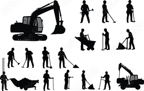 Construction worker silhouettes with excavator and tools, full black illustration, labor men shoveling, contractor with wheelbarrow, heavy machinery, industrial construction