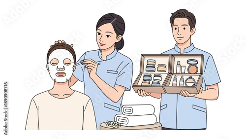 Two professionals in medical attire demonstrating skincare products and applying a facial mask to a client in a beauty salon setting