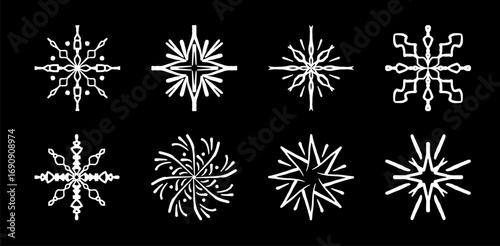 Hand drawn crayon snowflakes collection on black background. Set of decorative winter doodle ice crystals for Christmas, New Year, festive card, poster, banner, web design. Vector illustration.