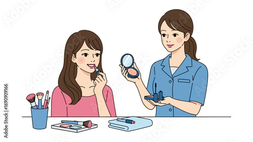 Young woman receiving makeup application from a professional makeup artist demonstrating cosmetic products and brushes in a bright studio setting