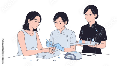 Professional manicurist applying nail polish to a client s hand while another technician holds a tray of polish bottles