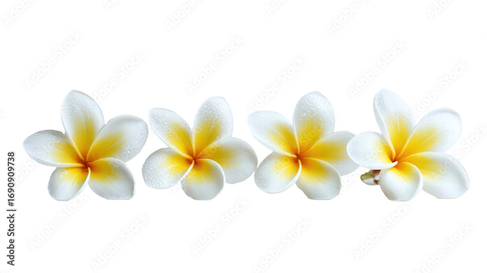 Obraz premium Four White Plumeria Flowers Horizontal Row Fourth Flower Clip White Background