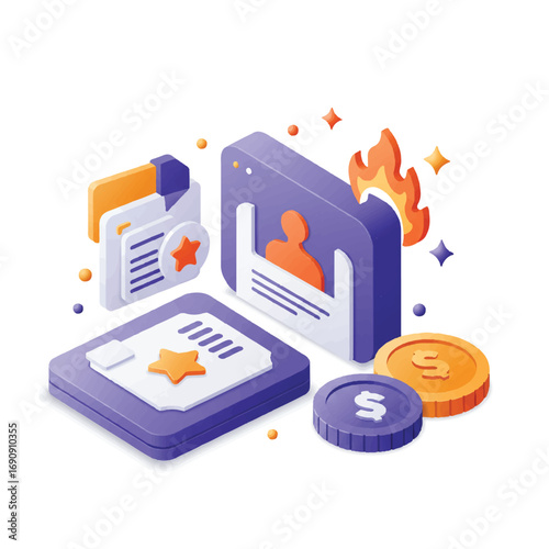 Flat Vector Creator Economy Icons: Creator Payout Star, Monetization Flame, Coin Sparkle, and Dollar Badge for Digital Revenue