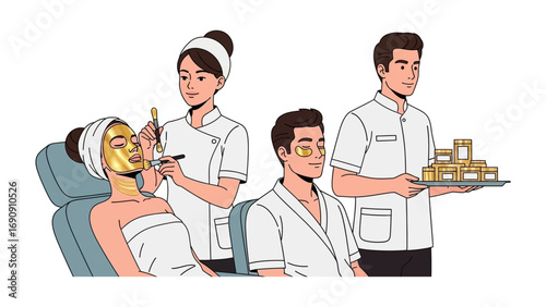 Professional spa treatment with facial mask application and skincare product presentation by attentive beauticians and therapists