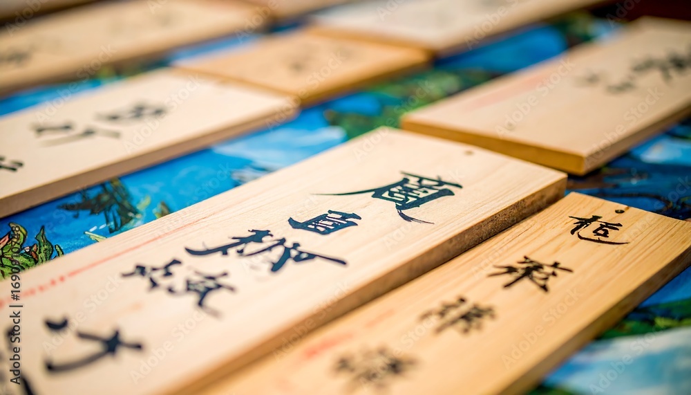 Naklejka premium Wooden plaques with Asian calligraphy