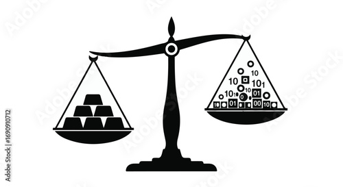 Balancing precious gold bars against digital currency coins, representing financial concepts.