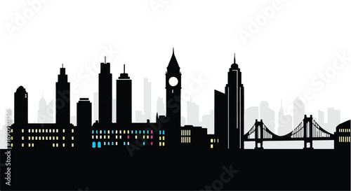 Modern city skyline silhouette at dusk with illuminated buildings and bridge