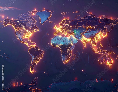 Glowing world map with illuminated cities at night, illustrating global connectivity and urban centers