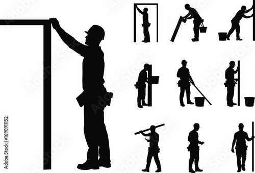 Construction worker silhouettes with frame, full black illustration, builders measuring and carrying beams, labor men at work, contractor, tradesman, safety helmet, engineer, teamwork