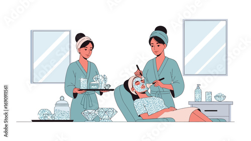 Two professional spa therapists applying a facial mask to a relaxed client lying down in a serene beauty salon treatment room