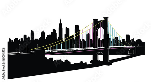 Iconic suspension bridge silhouette against a vibrant city skyline at dusk