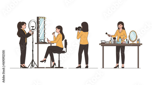 Beauty influencer demonstrating makeup application and product review for online video content creation with camera and lighting setup