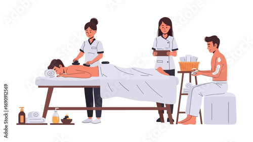 Professional spa therapists providing relaxing hot stone massage and aromatherapy treatment to clients in a serene wellness center environment