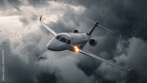 Private jet soaring through a stormy sky