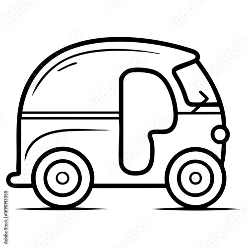 Clean outline drawing of a Big cartoon Auto Rickshaw minimalistic design for coloring page