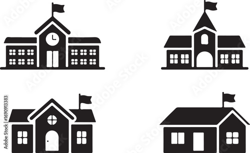 School Building Silhouette Collection Education Institution Icon Set Vector Illustration