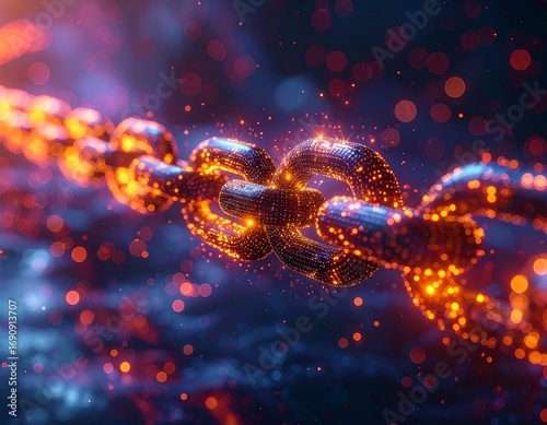 Glowing Blockchain Chain Digital Network of Secure Connections and Data Integrity