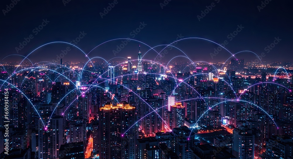 Obraz premium Futuristic smart city skyline at night with glowing data arcs representing a global communication network and technological innovation