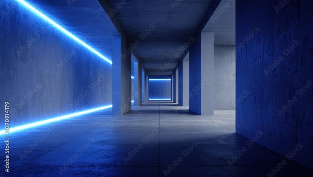 Fototapeta premium Empty concrete corridor with neon blue light