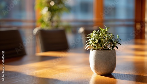 Small potted plant on a wooden table, sunny office interior