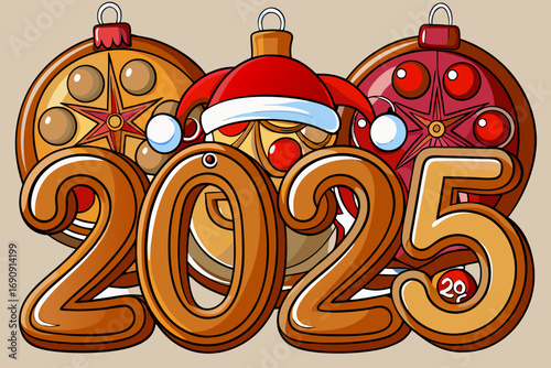 2025 New Year greeting with gingerbread cookies and ornaments