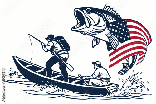 Fishermen in a boat with a jumping bass and American flag