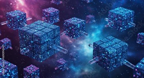 Futuristic digital network of interconnected cubic nodes floating in a cosmic nebula, an abstract representation of data and technology