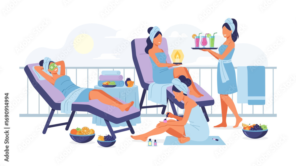 Obraz premium Women relaxing and enjoying spa treatments and refreshing drinks on a sunny balcony with ocean views and lounge chairs