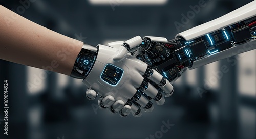 A futuristic handshake between a human and a mechanical robot, illustrating the integration of artificial intelligence into society