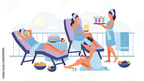 Women relaxing and enjoying spa treatments and refreshing drinks on a sunny balcony with ocean views and lounge chairs