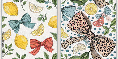 A vibrant composition featuring colorful bows and lemons set against a textured backdrop, creating a charming and playful pattern. AI