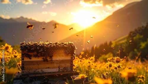Beehive surrounded by active swarm in yellow flower field at sunset, with rolling hills and golden light in scenic background.