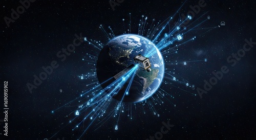 Global Data Network Earth Surrounded by a Web of Digital Connections and Communications