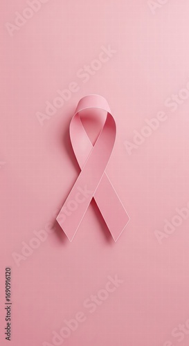 A pink ribbon, symbolizing breast cancer awareness, prominently displayed against a soft pink background.