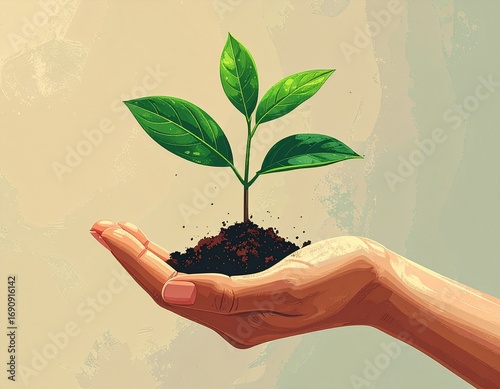 A nurturing hand gently cradles a vibrant young plant sprouting from rich soil, symbolizing new beginnings, sustainable growth, and environmental care for a brighter future