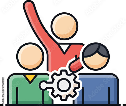 Flat line vector icon representing business teamwork, leadership, and community collaboration with a central gear symbol for process management