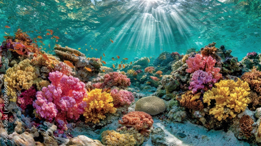 Naklejka premium Vibrant coral reef teeming with colorful fish. Sunlight streams through clear water